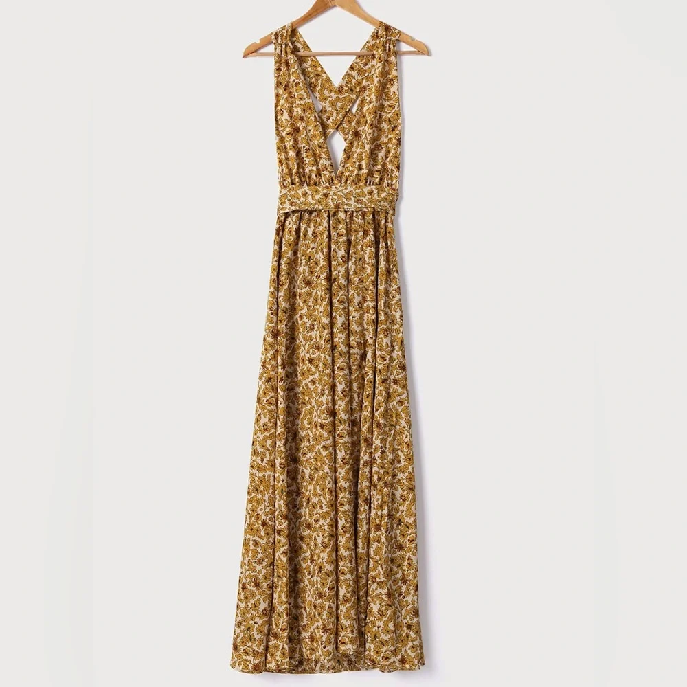 NWT Lulu’s These are the Days Mustard Yellow Floral Print Halter Maxi Dress | S - Picture 5 of 12